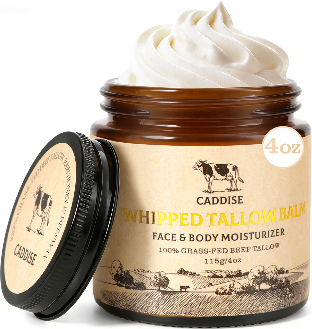 CADDISE Whipped Beef Tallow for Skin – 100% Grass-Fed Handmade Cream Moisturizer for Face & Body, Natural with Honey, Shea Butter, Jojoba Oil, Non-Greasy, Nourishing for Men, Women, Kids, 4 Oz (Bergamot)